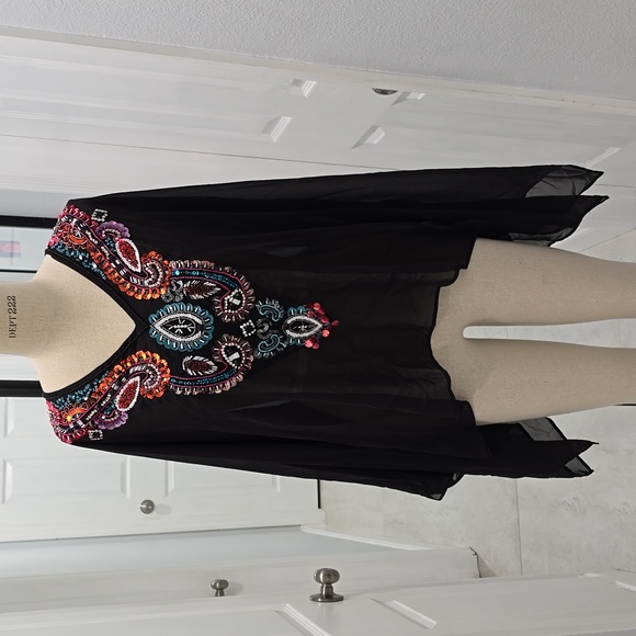 Boho Embellished Sheer Black Tunic Top – Vibrant Embroidery & Rhinestone Detail - Picture 1 of 8